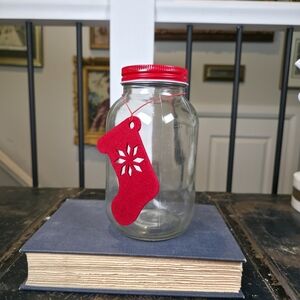 Clear Glass Storage Jar 7" Red Metal Lid Christmas Stocking Tag Craft/Candy